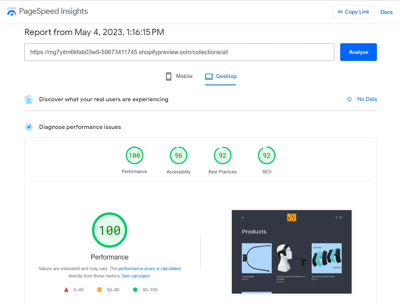 PageSpeed Insights Desktop report showing 100 performance, accessibility, best practices, and SEO scores.